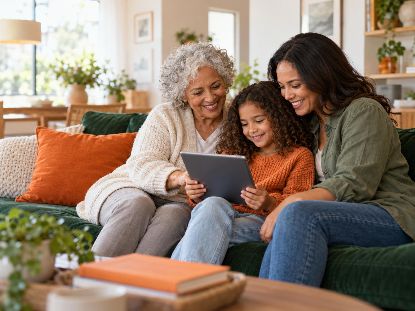 Three generations enjoying a tablet together at home